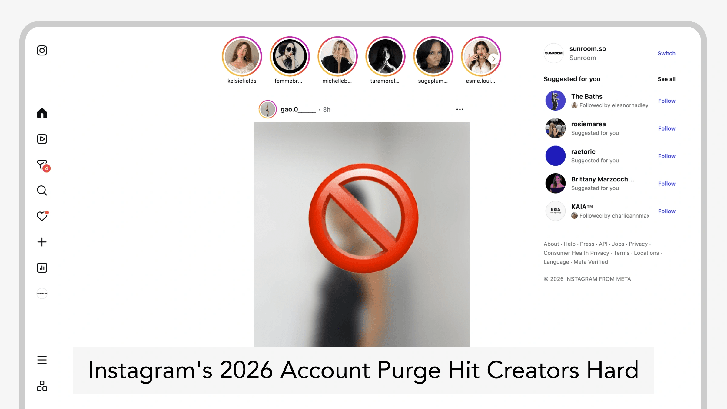 Illustration of an Instagram feed with a blocked post symbol highlighting the 2026 account purge affecting creators.