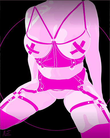 Stylized pink vector illustration of a person wearing lingerie and garter straps against a black background.