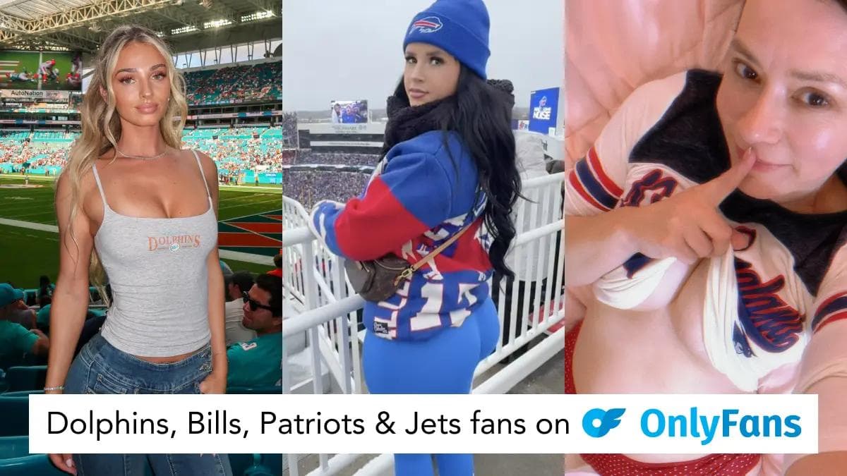 Collage of female NFL fans wearing Dolphins, Bills, and Patriots apparel at games and home settings promoting OnlyFans.