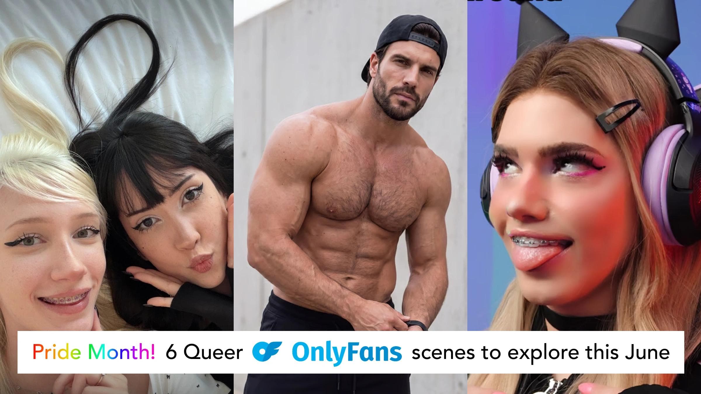 Pride Month graphic featuring queer OnlyFans creators and LGBTQ content categories to explore in June.