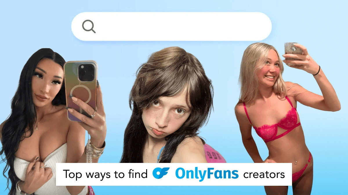 Promotional banner showing three women with search bar graphic and text about finding OnlyFans creators.