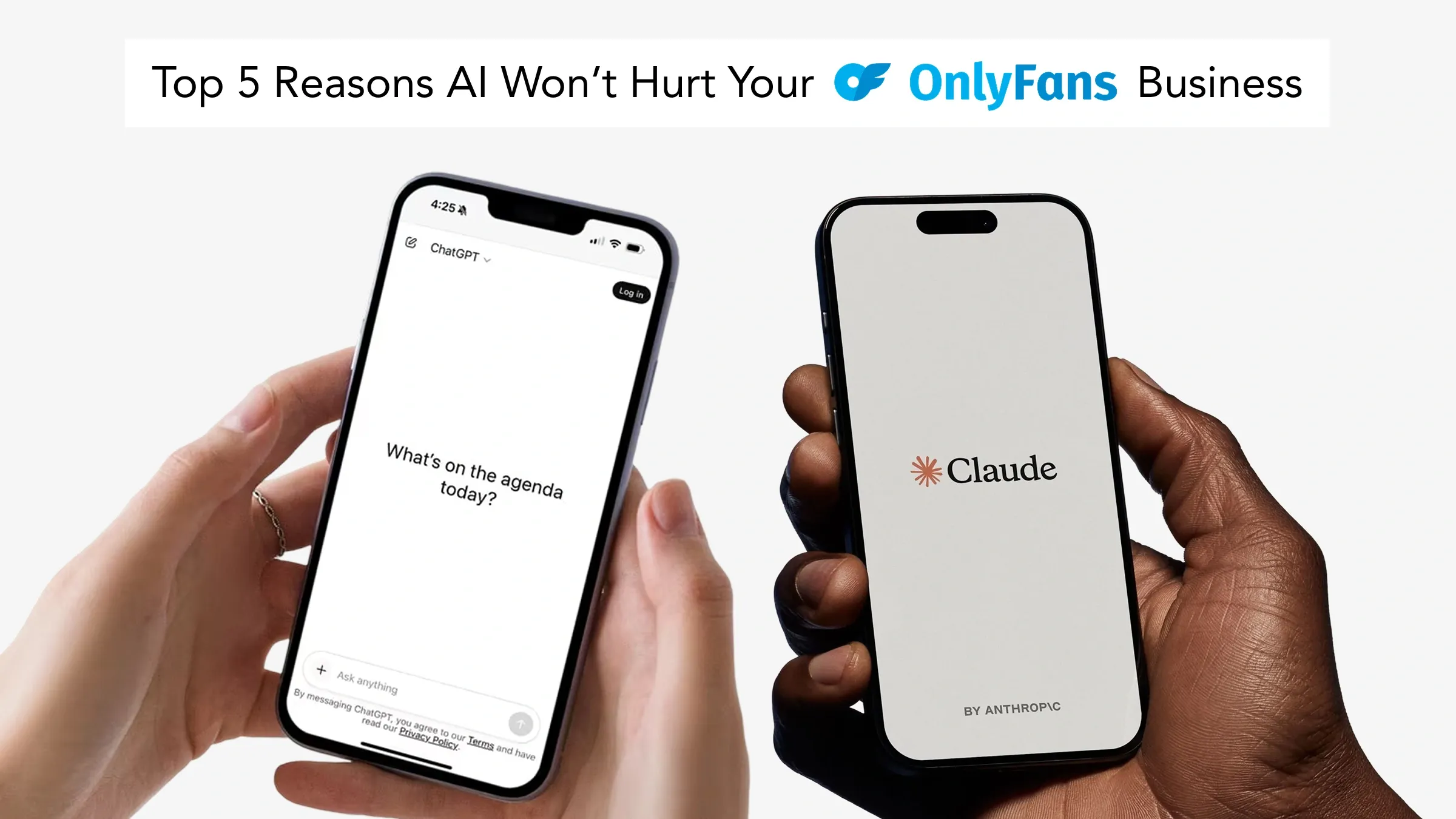ChatGPT and Claude displayed on smartphones beneath a headline about AI and OnlyFans business.