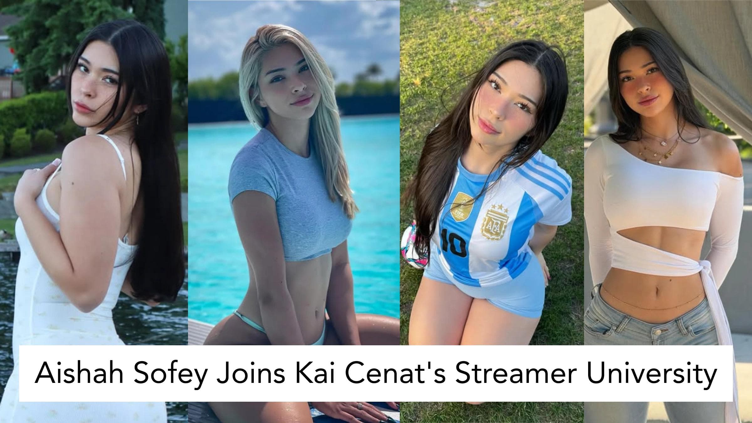 Aishah Sofey portraits with headline announcing she joins Kai Cenat's Streamer University.