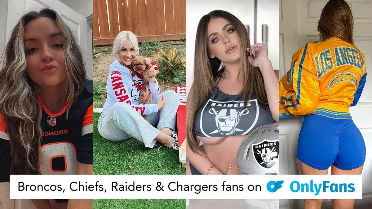 Broncos, Chiefs, Raiders, and Chargers fans wearing NFL team apparel and posing in casual and lifestyle settings for a social media collage.