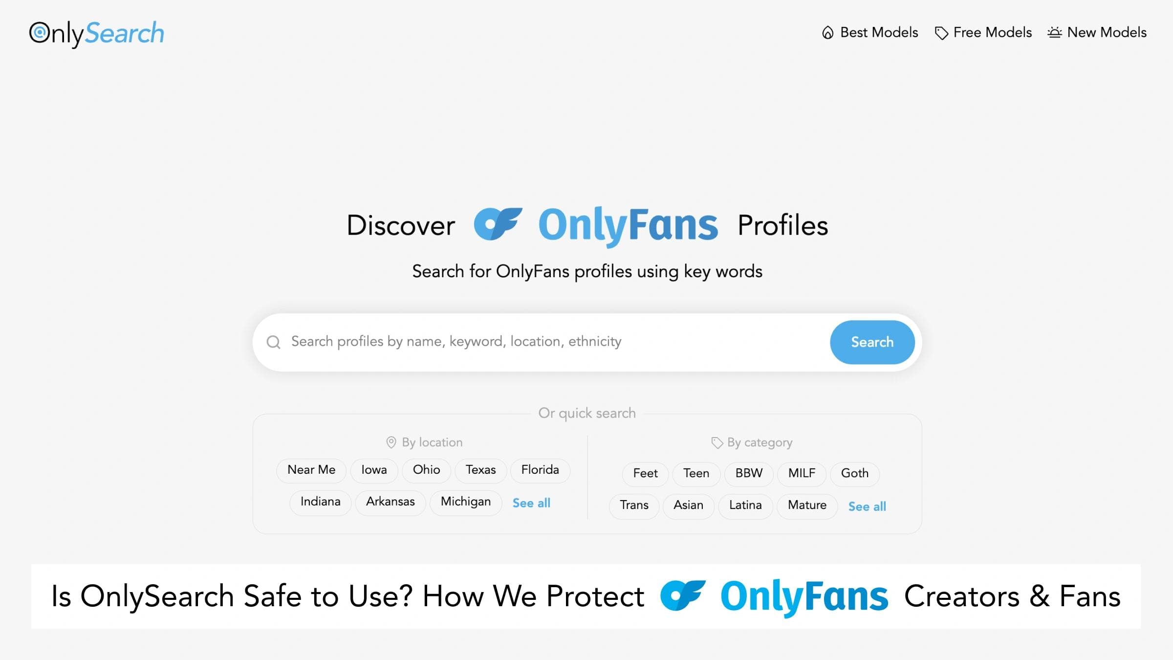 OnlySearch homepage highlighting OnlyFans profile search and explaining safety protections for creators and fans.