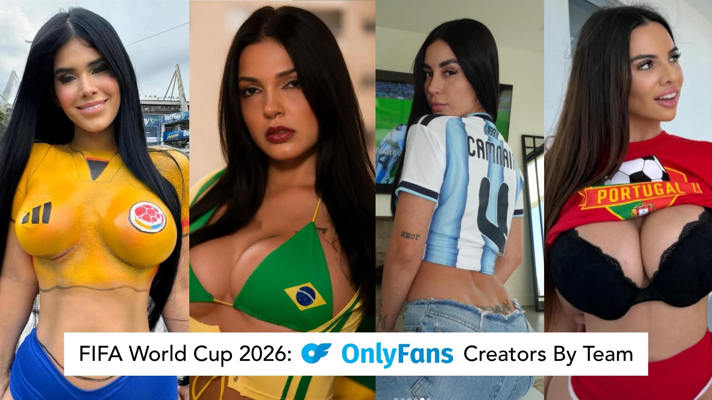 Banner featuring four soccer-themed creator portraits promoting FIFA World Cup 2026 OnlyFans creators by team.
