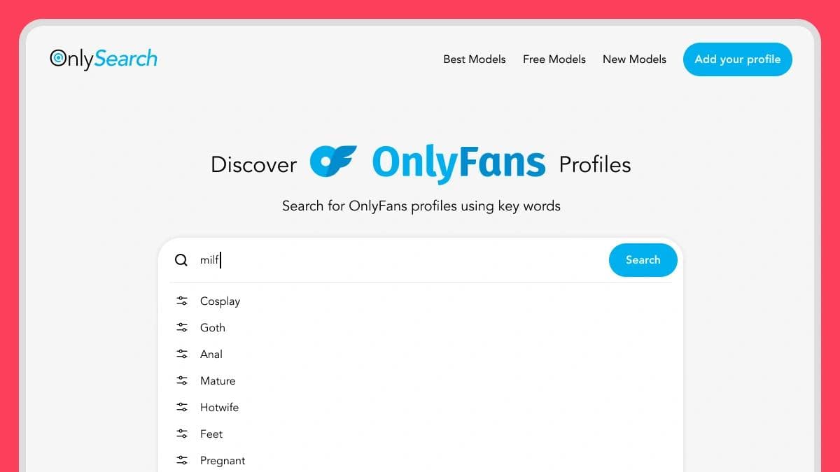 Screenshot of OnlySearch website homepage promoting discovery of OnlyFans profiles with keyword search bar.