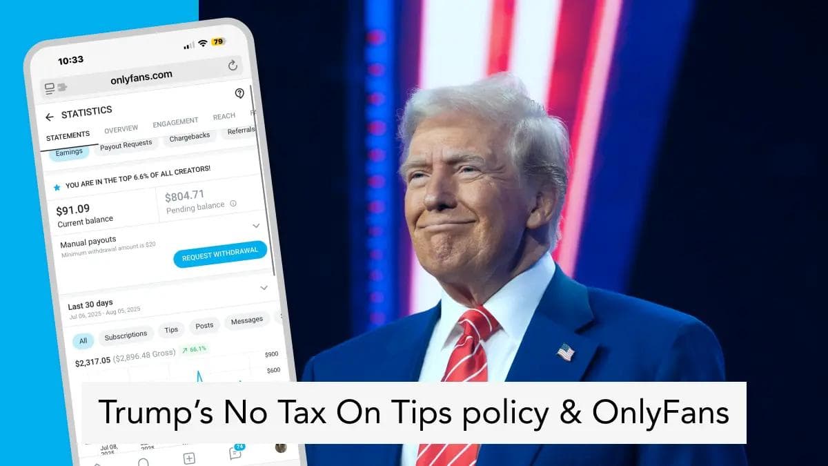 Smartphone displaying OnlyFans earnings dashboard beside U.S. political leader on stage, highlighting no tax on tips policy.