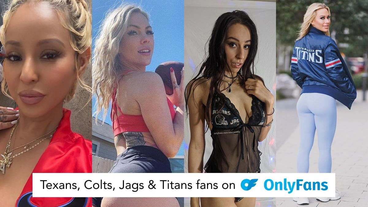 Collage of women wearing Texans, Colts, Jaguars, and Titans themed outfits promoting NFL fan OnlyFans creators.